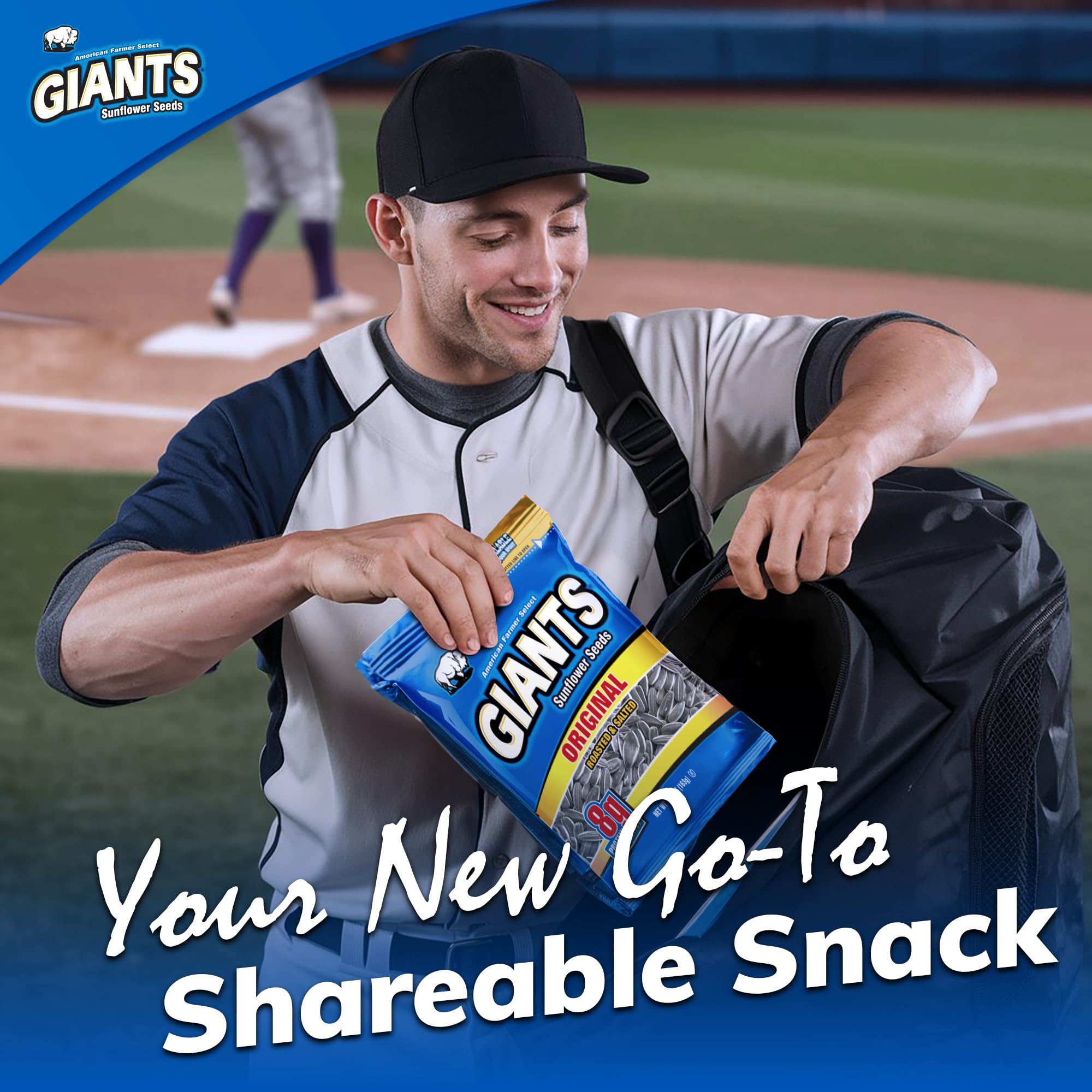 Case packaging with multiple GIANTS Original sunflower seed bags.