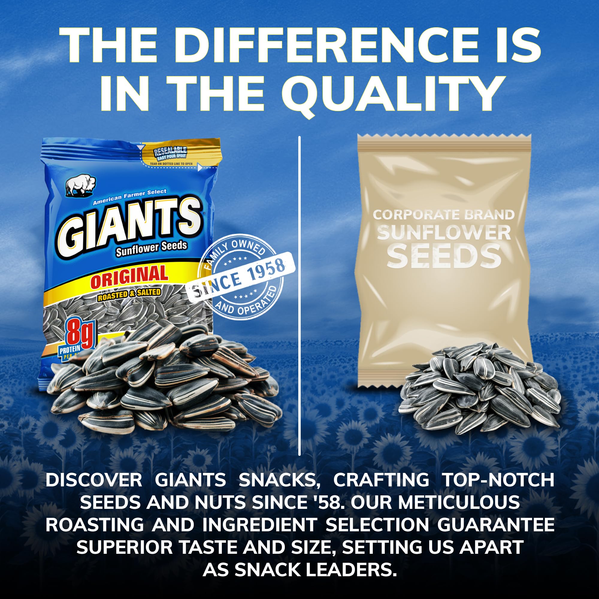 Non-GMO GIANTS Original seeds highlighted on packaging.