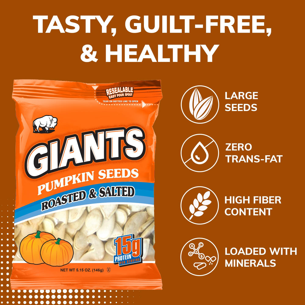 GIANTS pumpkin seeds close-up, high-protein snack option.