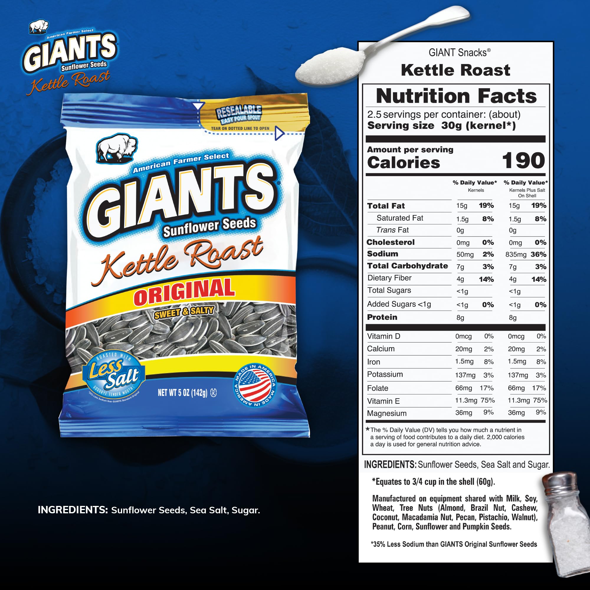 Close up of GIANTS seeds highlighting roasted texture and size