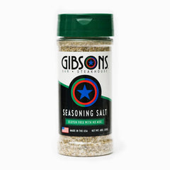 Gibsons Steakhouse Seasoning Salt jar ready to season steaks evenly and boost flavor.