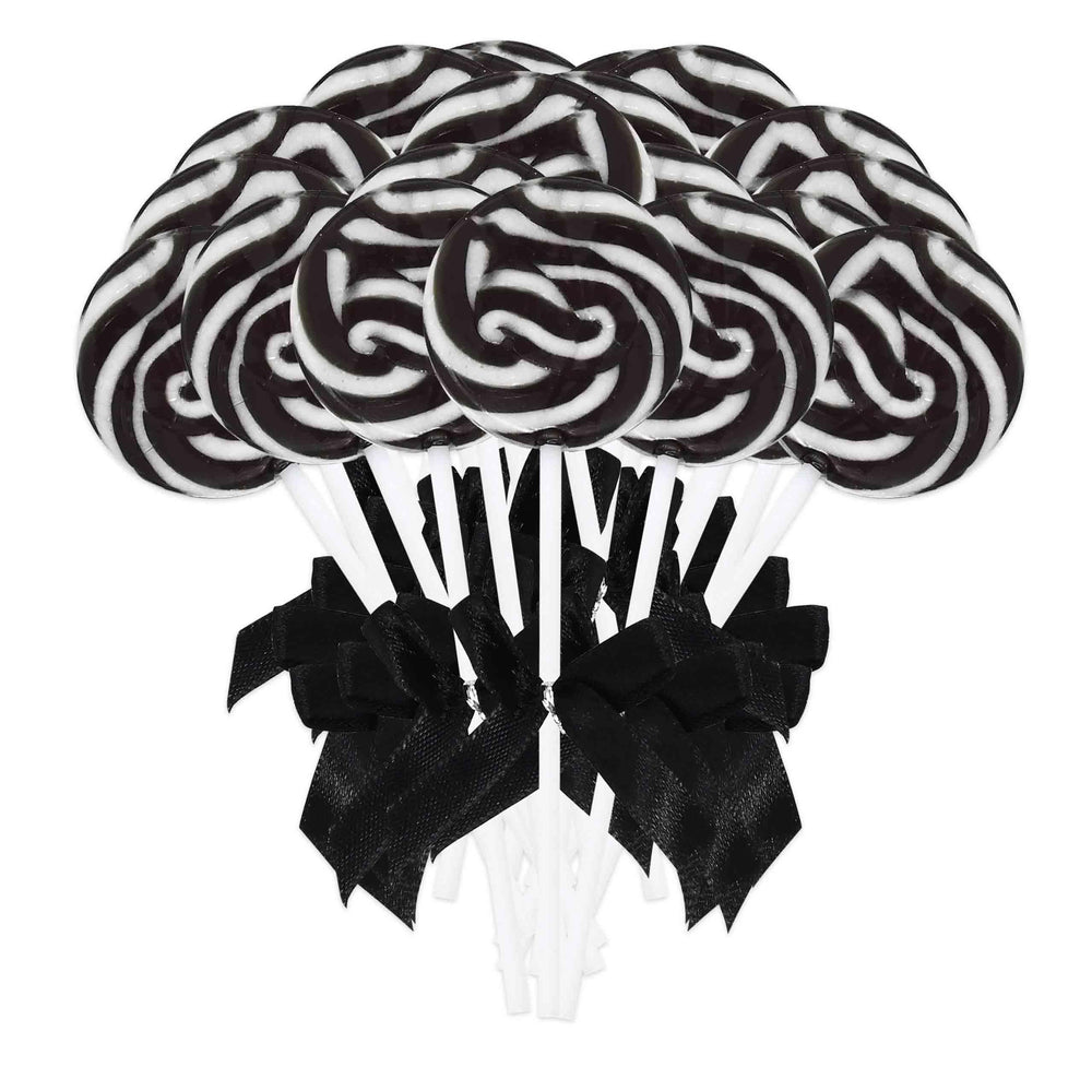 Gift Boutique 24 black and white swirl lollipops ready for stylish party favors.