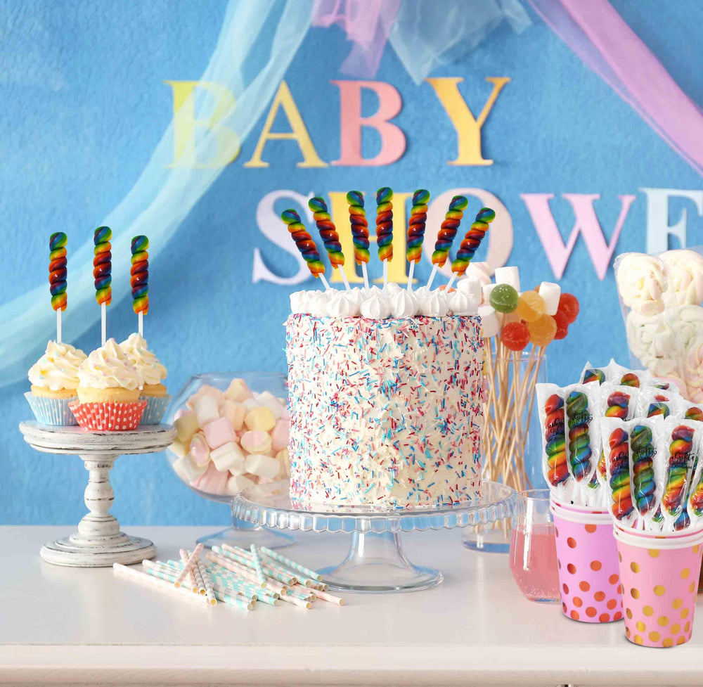 Gift Boutique vibrant rainbow lollipop display for candy buffets.