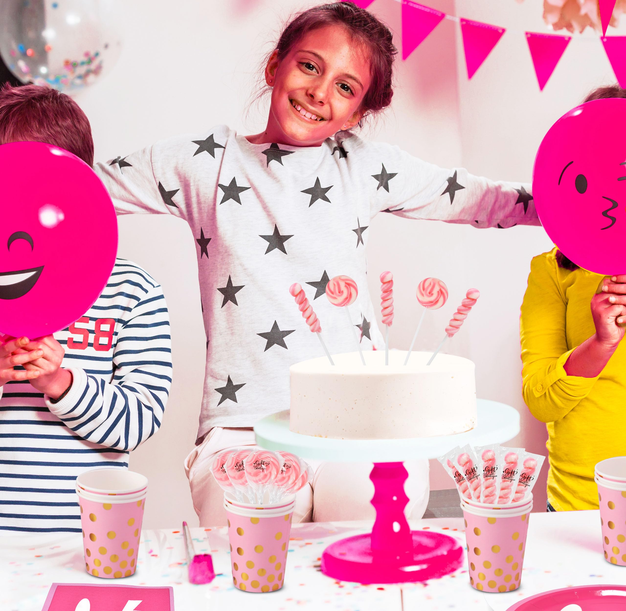 Gift Boutique gender reveal and baby shower lollipops in pink-white theme.