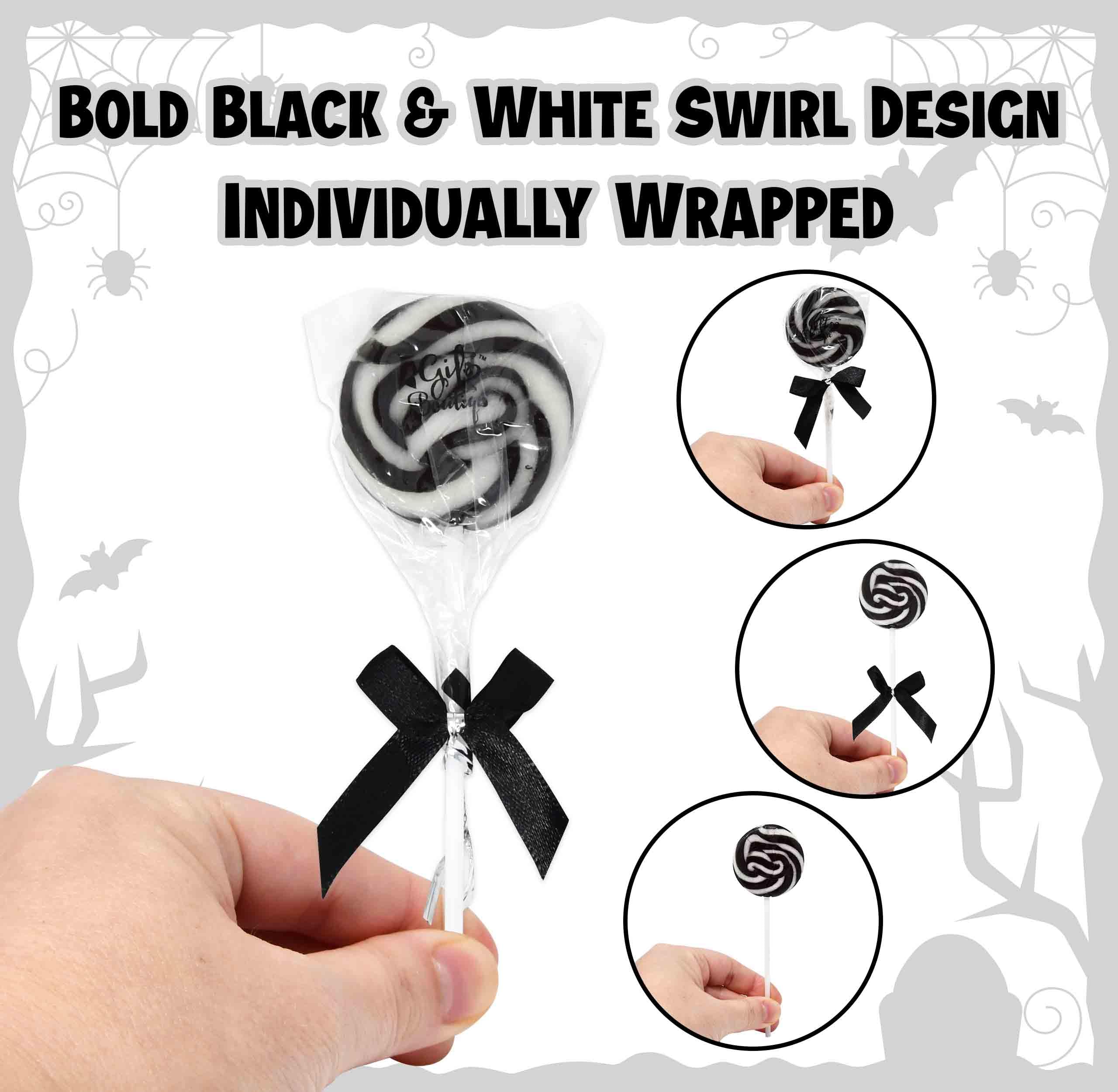 Gift Boutique black and white lollipops highlight festive décor on dessert tables.