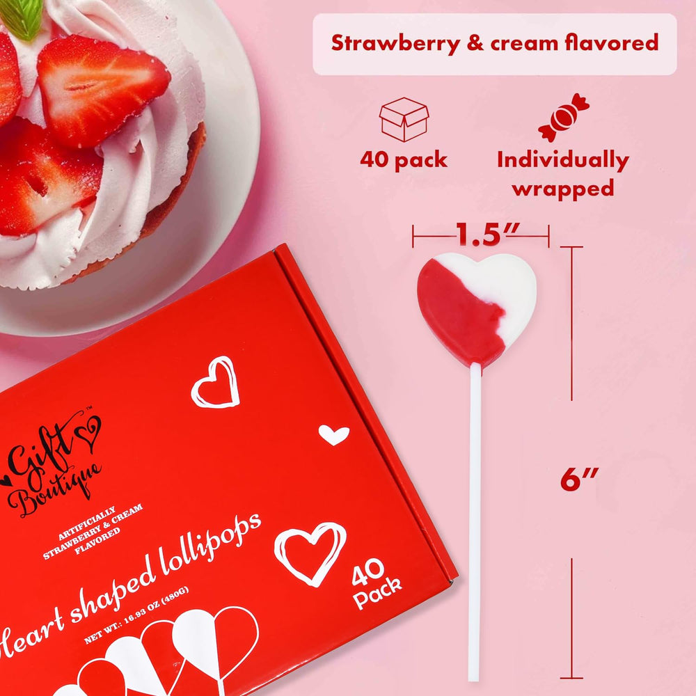 Gift Boutique 40-count heart lollipops box, perfect for classroom treats.