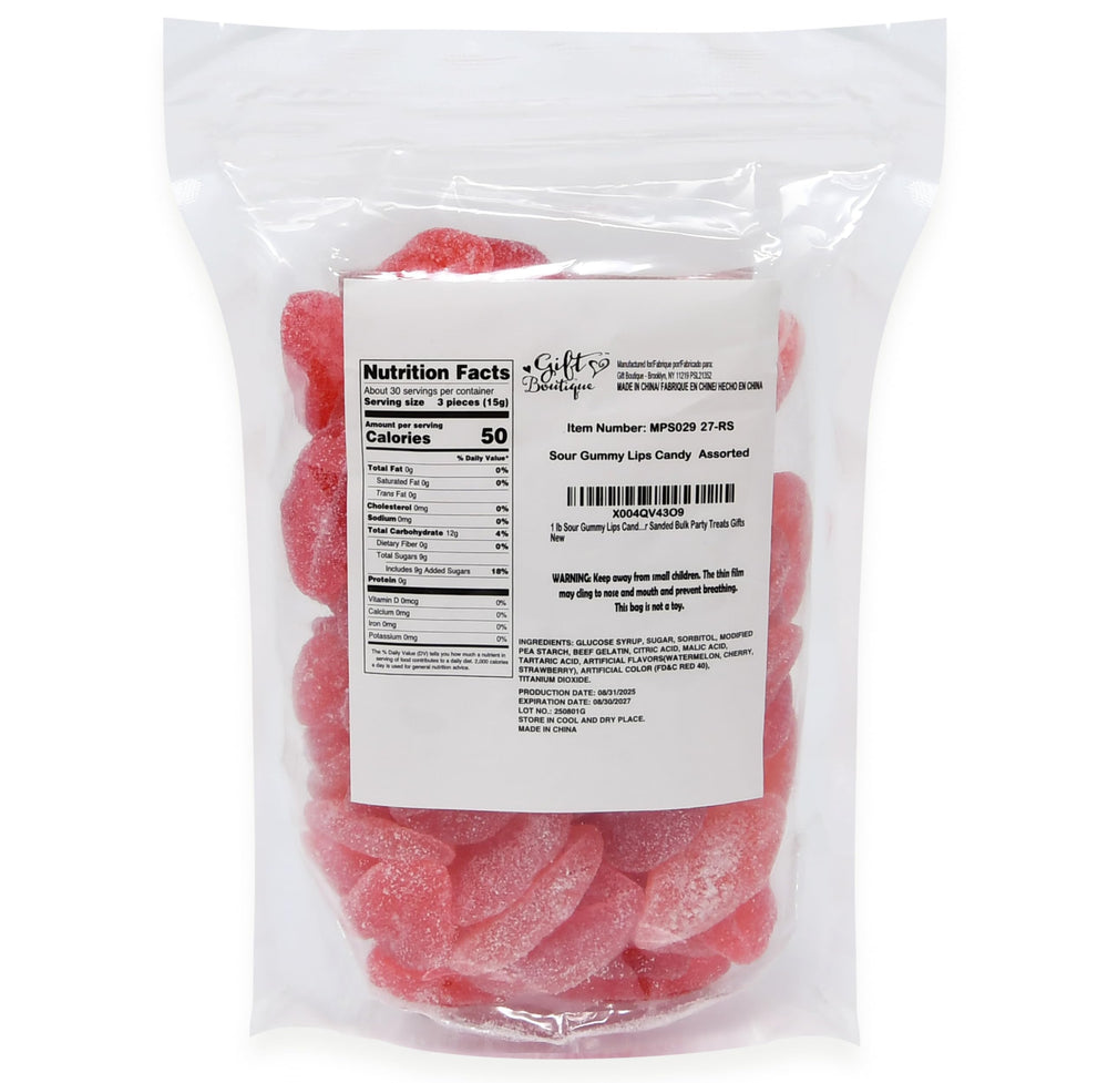 Gift Boutique cherry flavor lip gummies resemble kiss shapes for a playful treat.