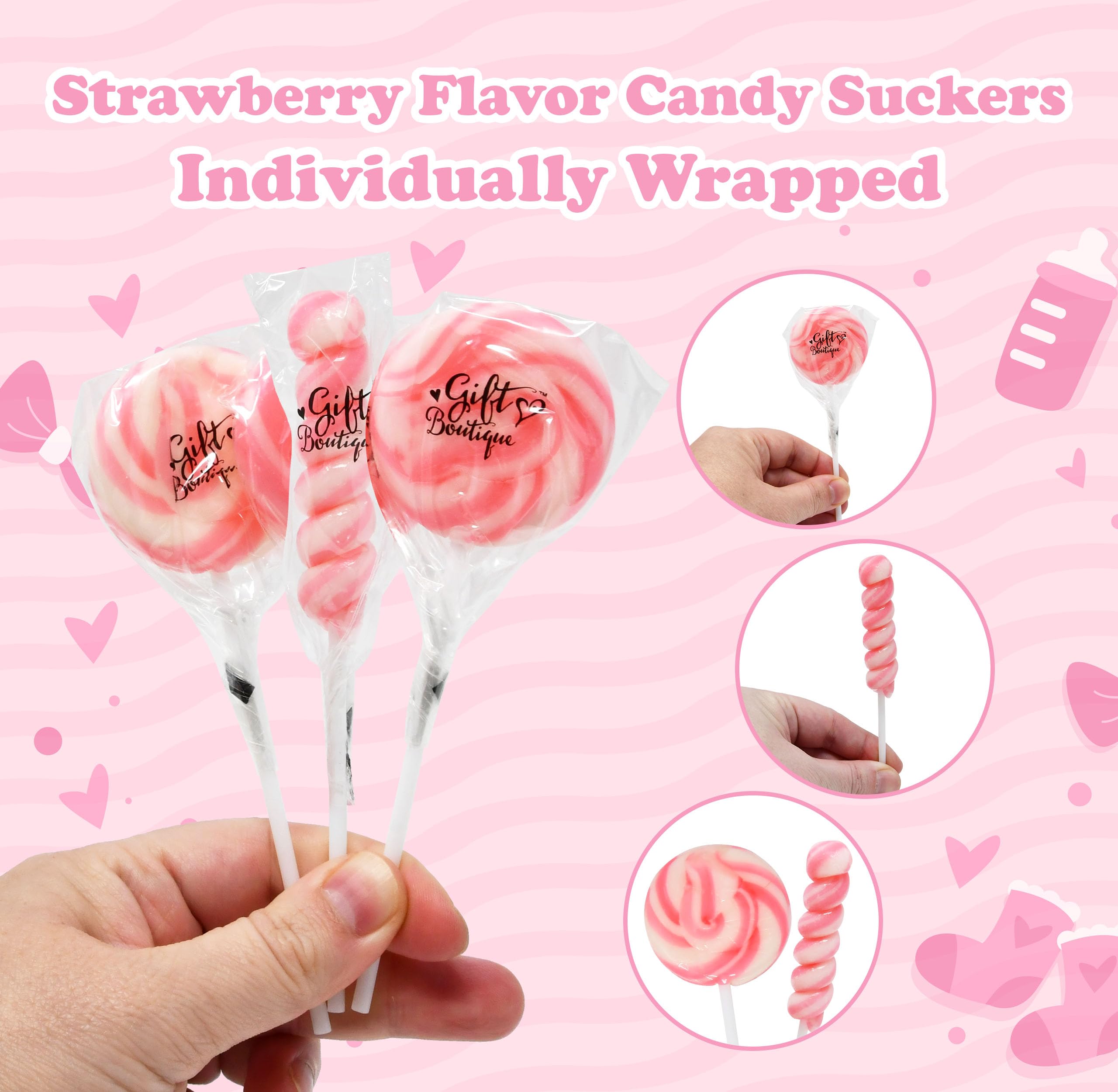 Gift Boutique strawberry flavor lollipops deliver bright fruity notes.