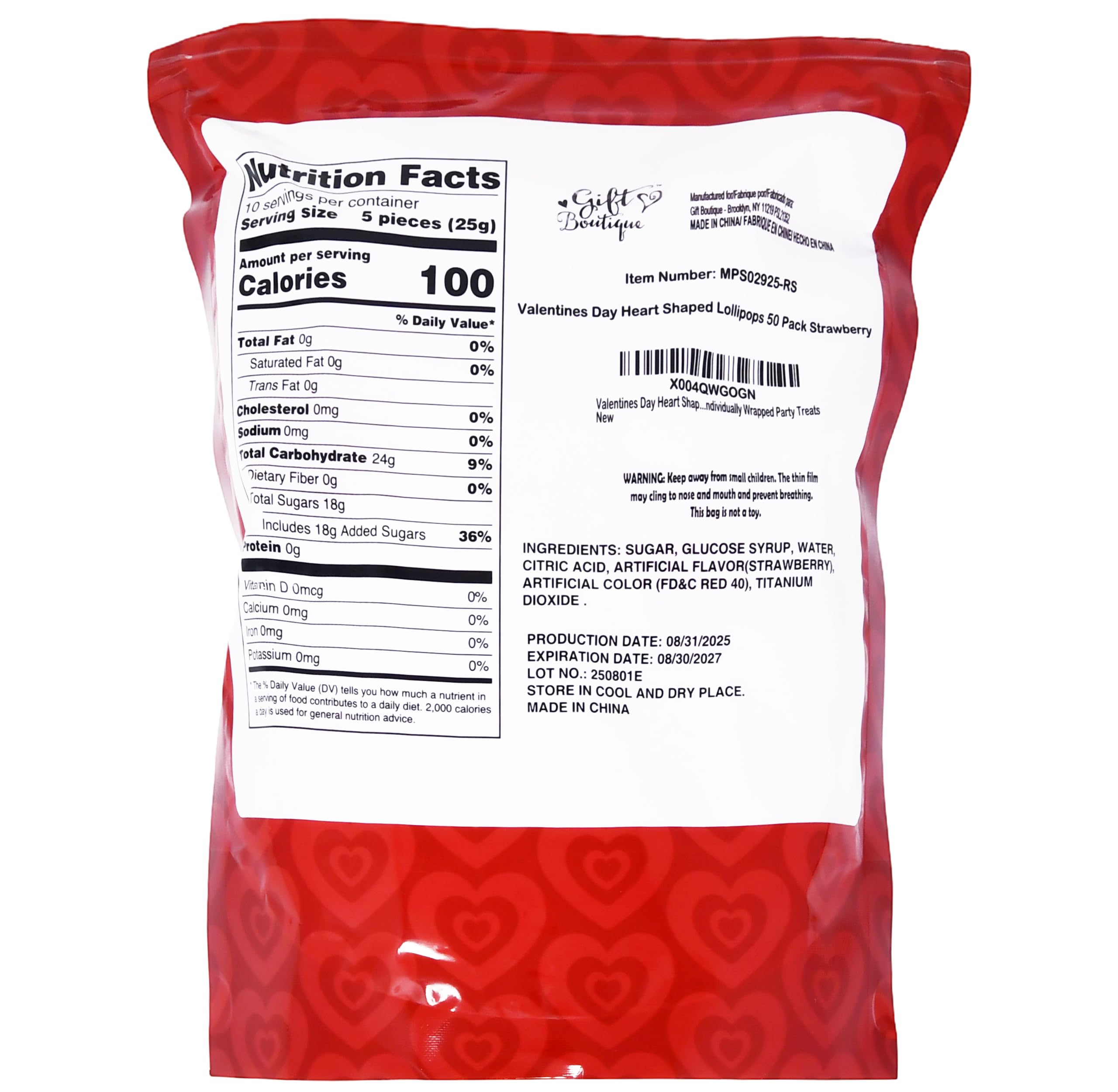Gift Boutique 50-pack strawberry heart lollipops neatly wrapped for gifting.