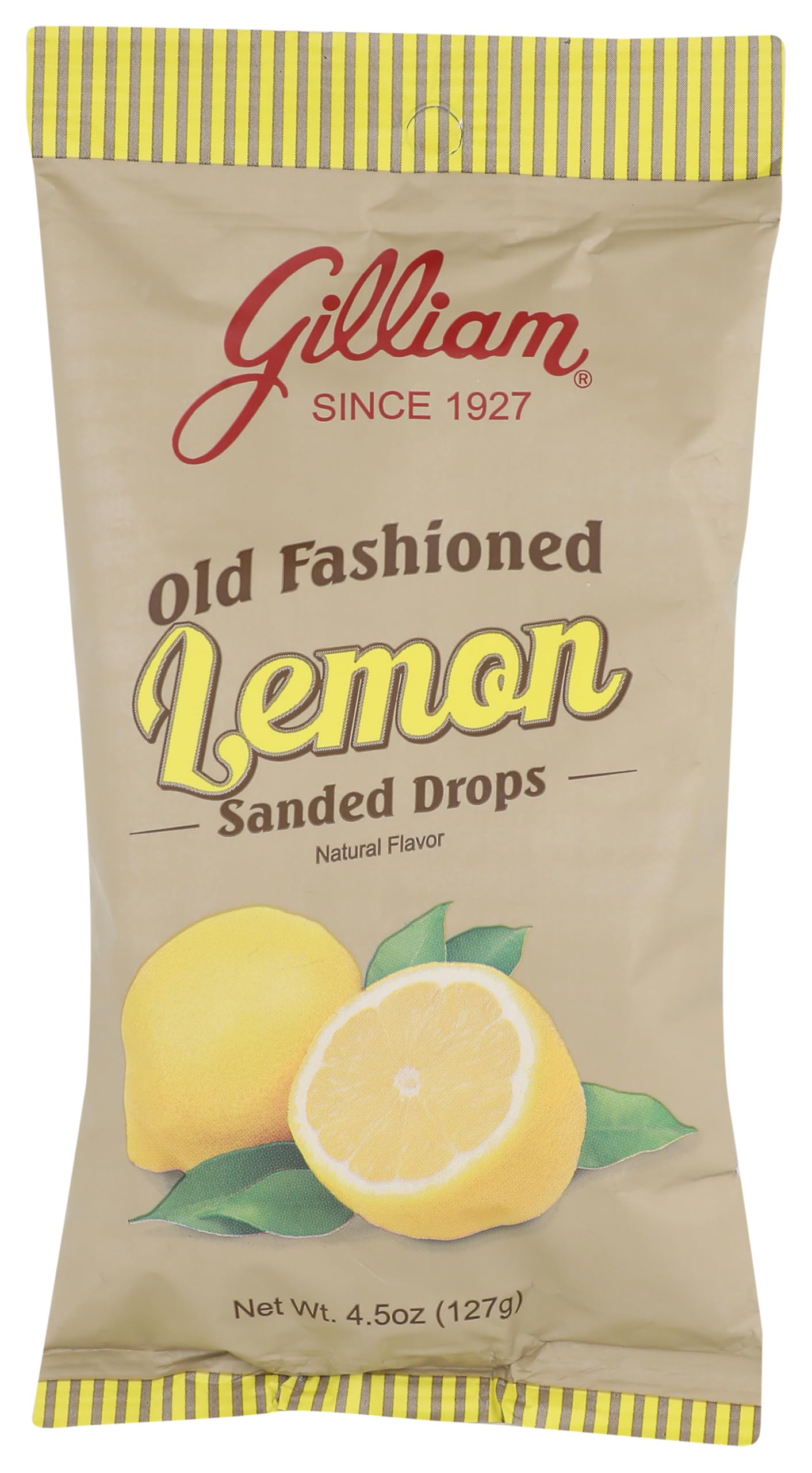 Gilliam old-fashioned lemon drops in bag highlight bright lemon flavor and convenient 4.5 oz packaging for sharing.
