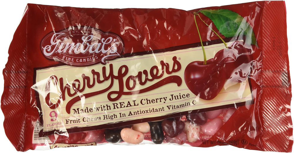 Gimbal's Cherry Lovers jelly beans, heart-shaped, 9 oz pack shot, ideal for gifting.