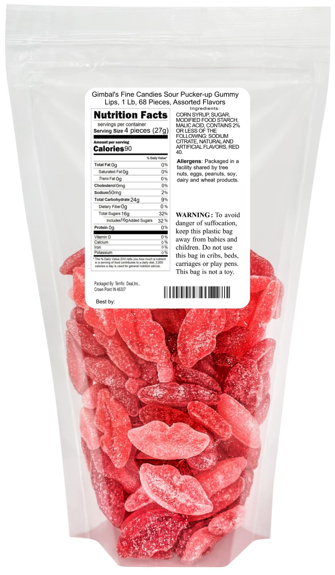Gimbal's Sour Pucker Lips resealable bag keeps candy fresh.