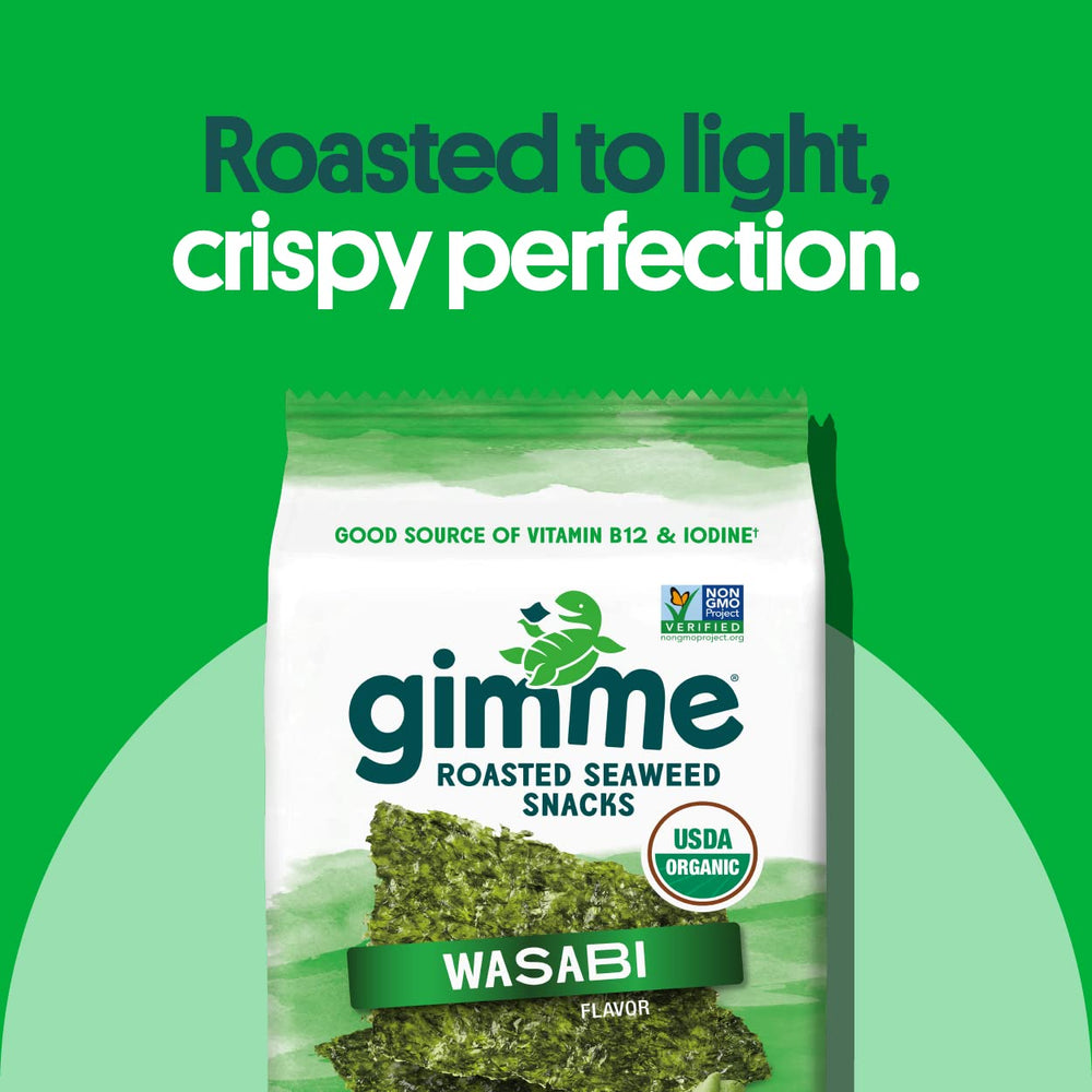 GimMe organic roasted seaweed packaging, premium quality and sustainable harvest.