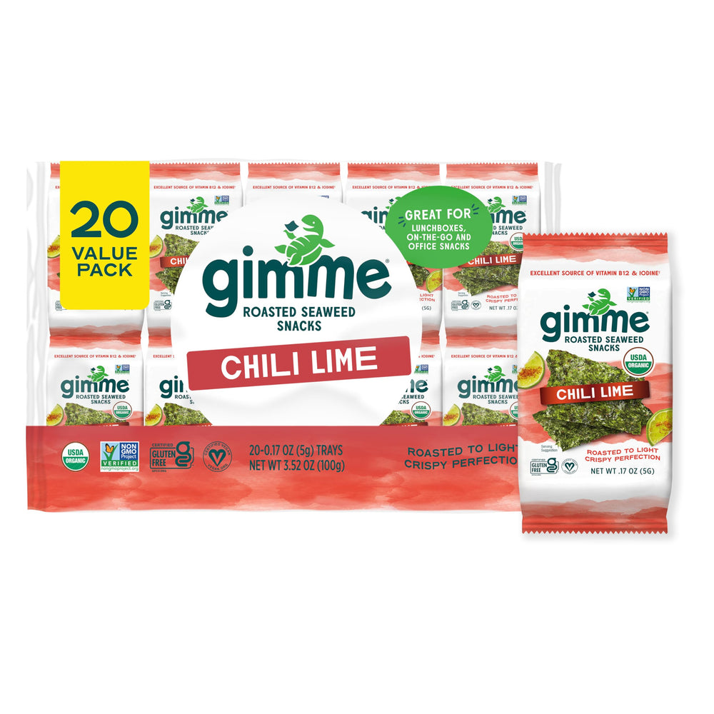 gimMe Seaweed Chili Lime pack front, convenient on-the-go snack with omega-3