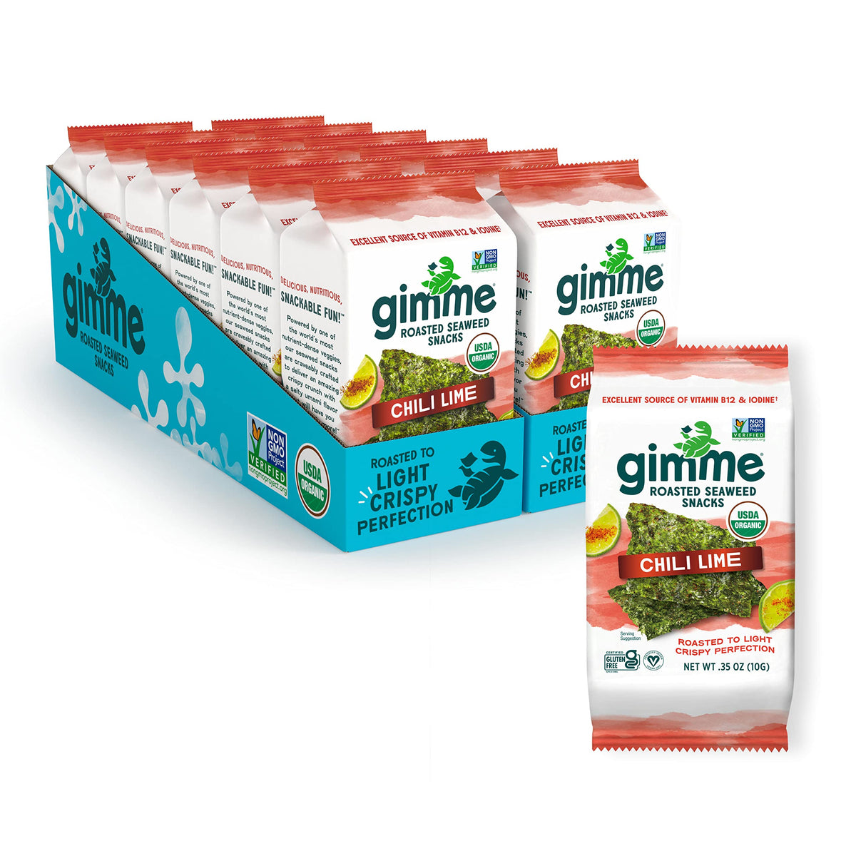 gimMe Seaweed Chili Lime snack pack front showing keto-friendly on-the-go appeal.