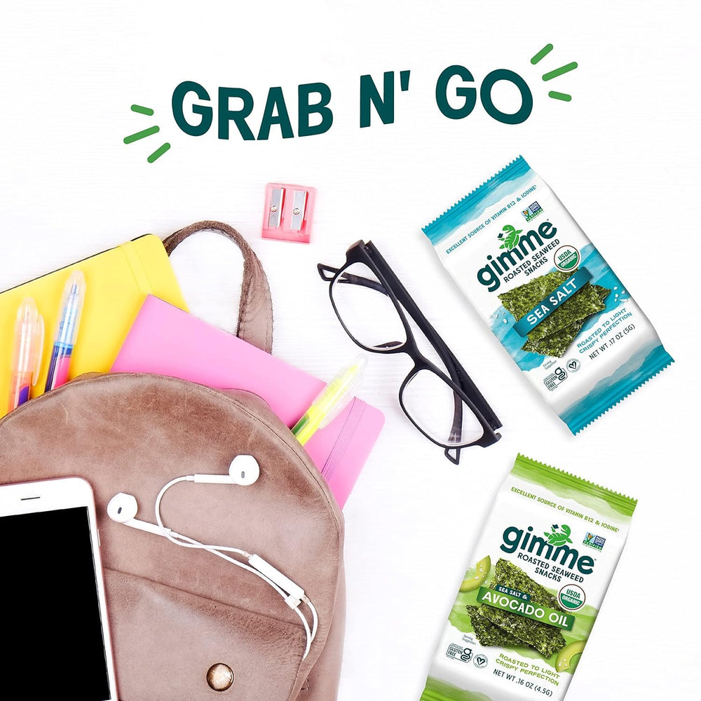 GimMe Seaweed Ingredients include organic seaweed, sunflower oil, and sea salt for a simple, natural snack.