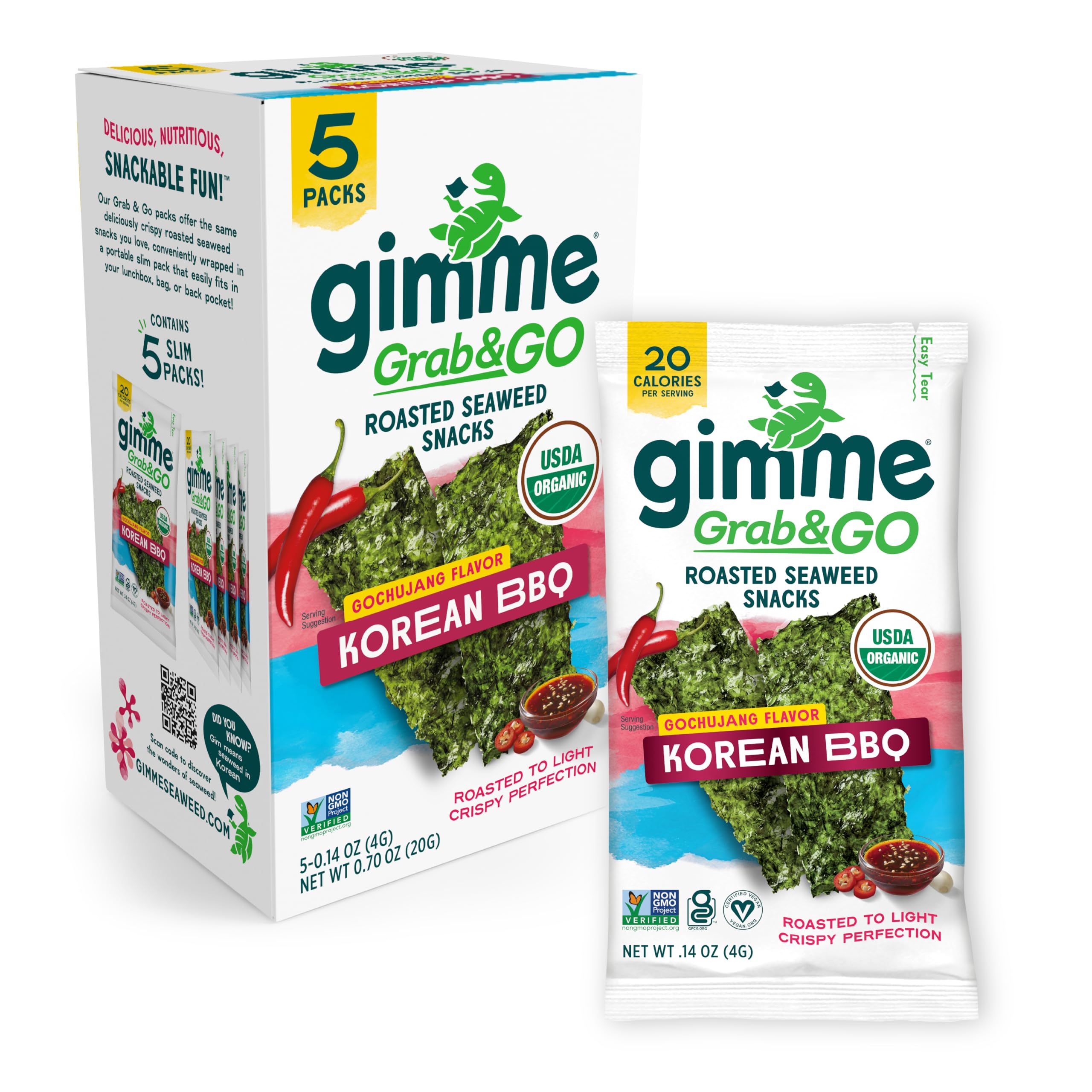 GimMe seaweed Korean BBQ pack close-up showing crispy roasted sheets for on-the-go snacking.