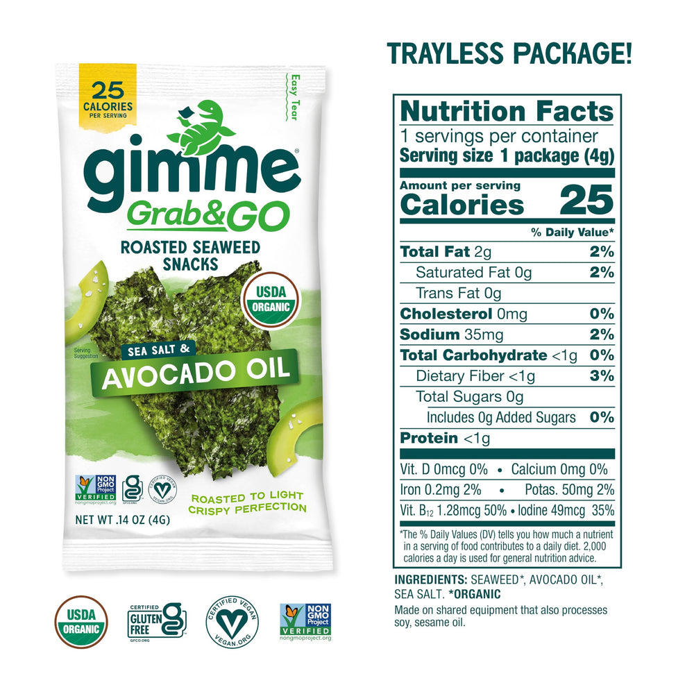 gimMe organic roasted seaweed in a slim trayless pack for lunchboxes