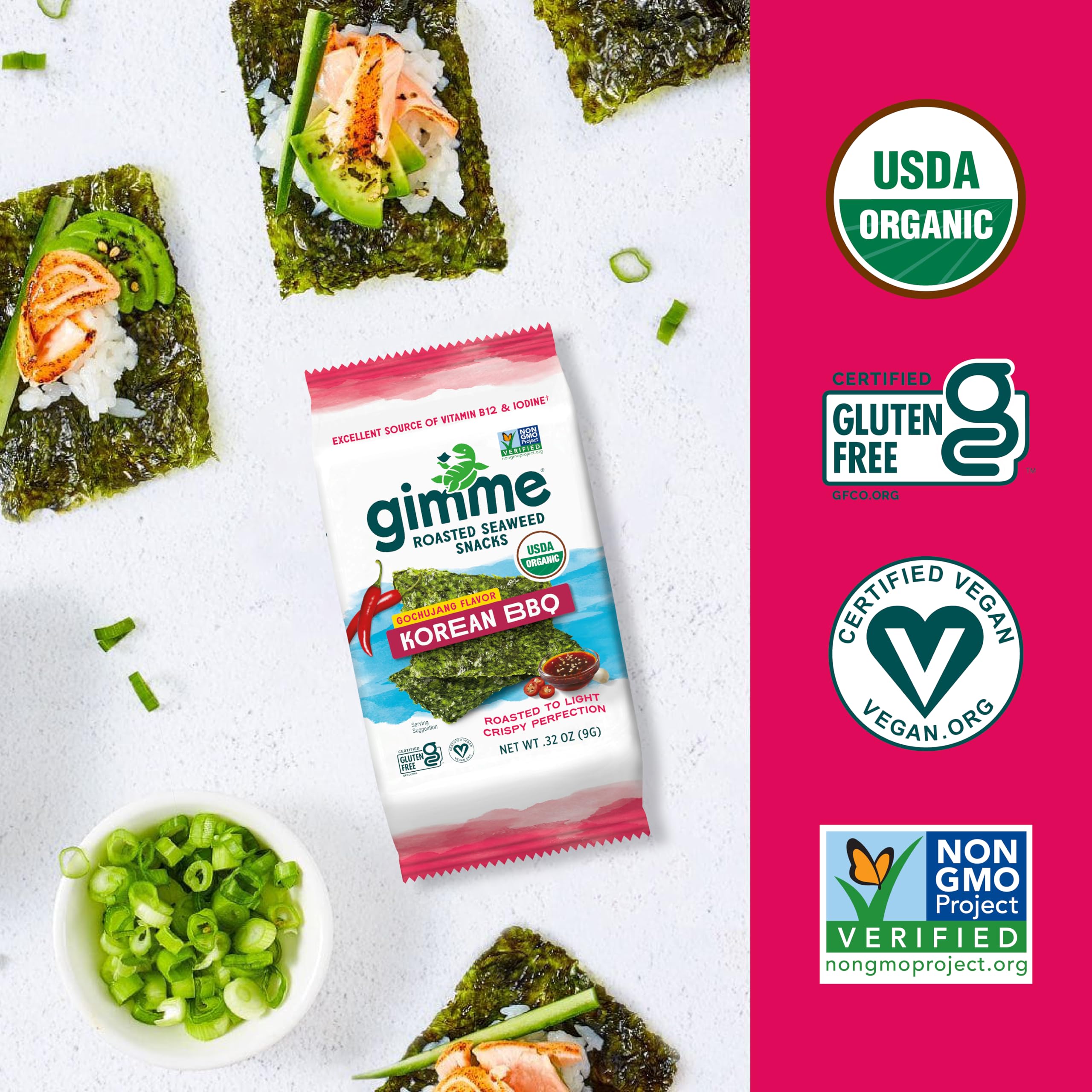 Gimme seaweed toasted sesame pack pairs with dips for party snacking.