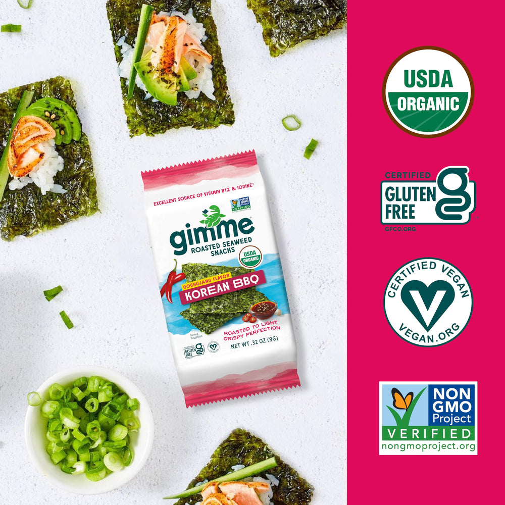 Gimme seaweed toasted sesame pack pairs with dips for party snacking.