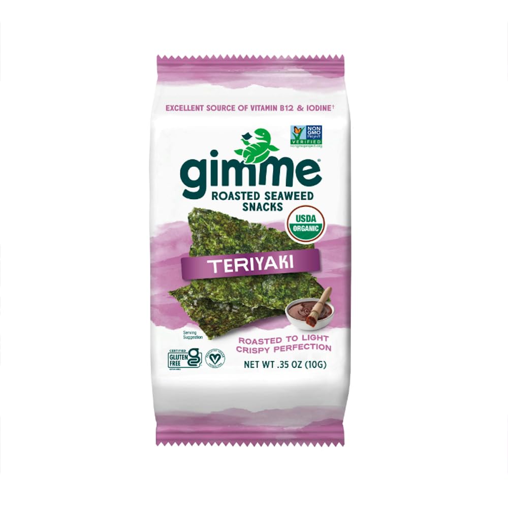 gimMe seaweed teriyaki crisp pack on desk, keto-friendly snack option