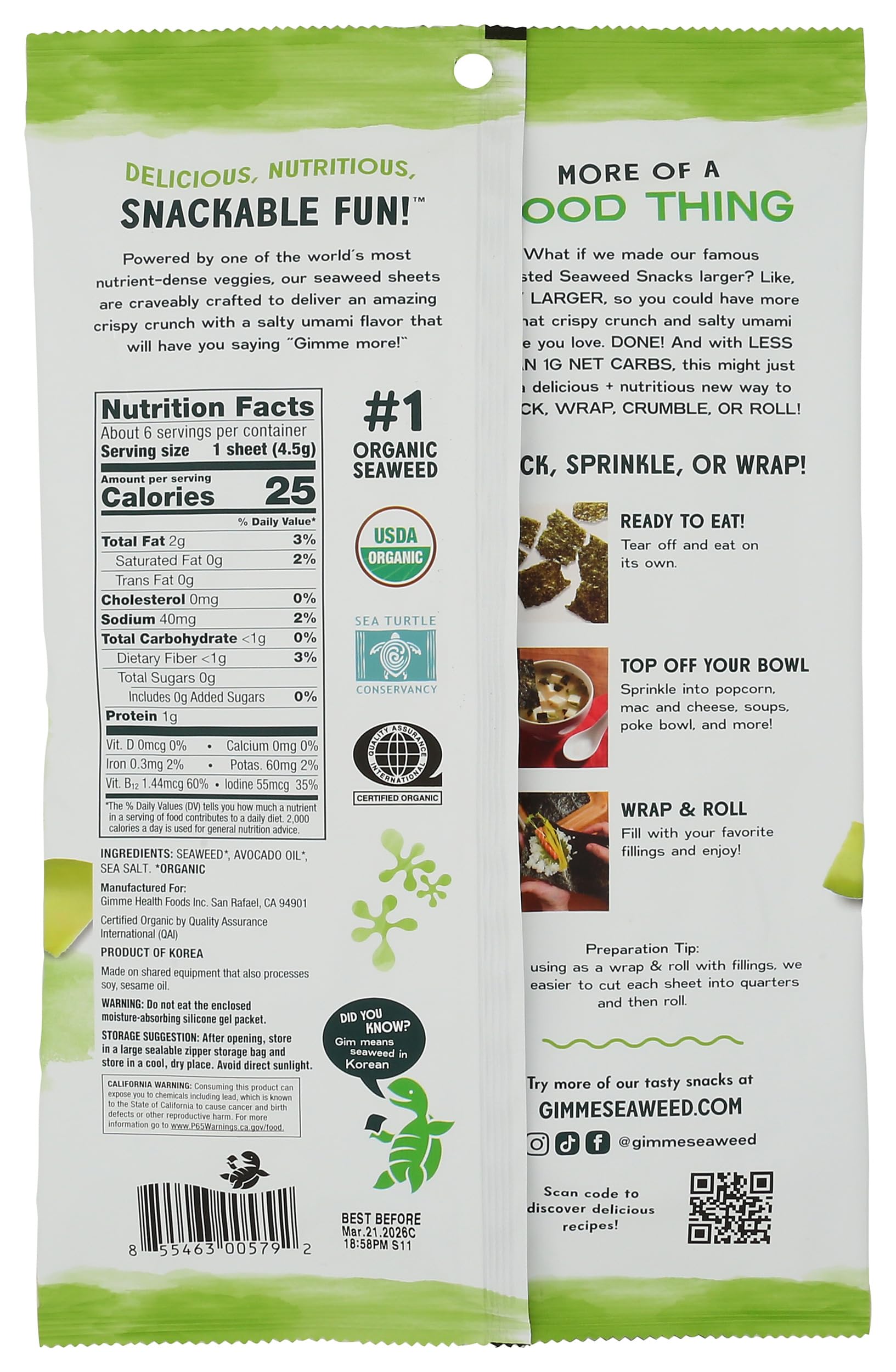 GimMe Seaweed Avocado Oil Sea Salt Shaker bottle in use for easy seasoning.