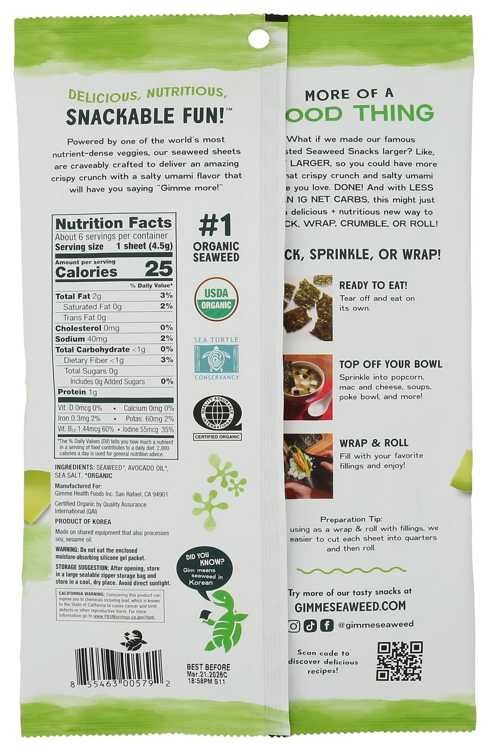GimMe Seaweed Avocado Oil Sea Salt Shaker bottle in use for easy seasoning.
