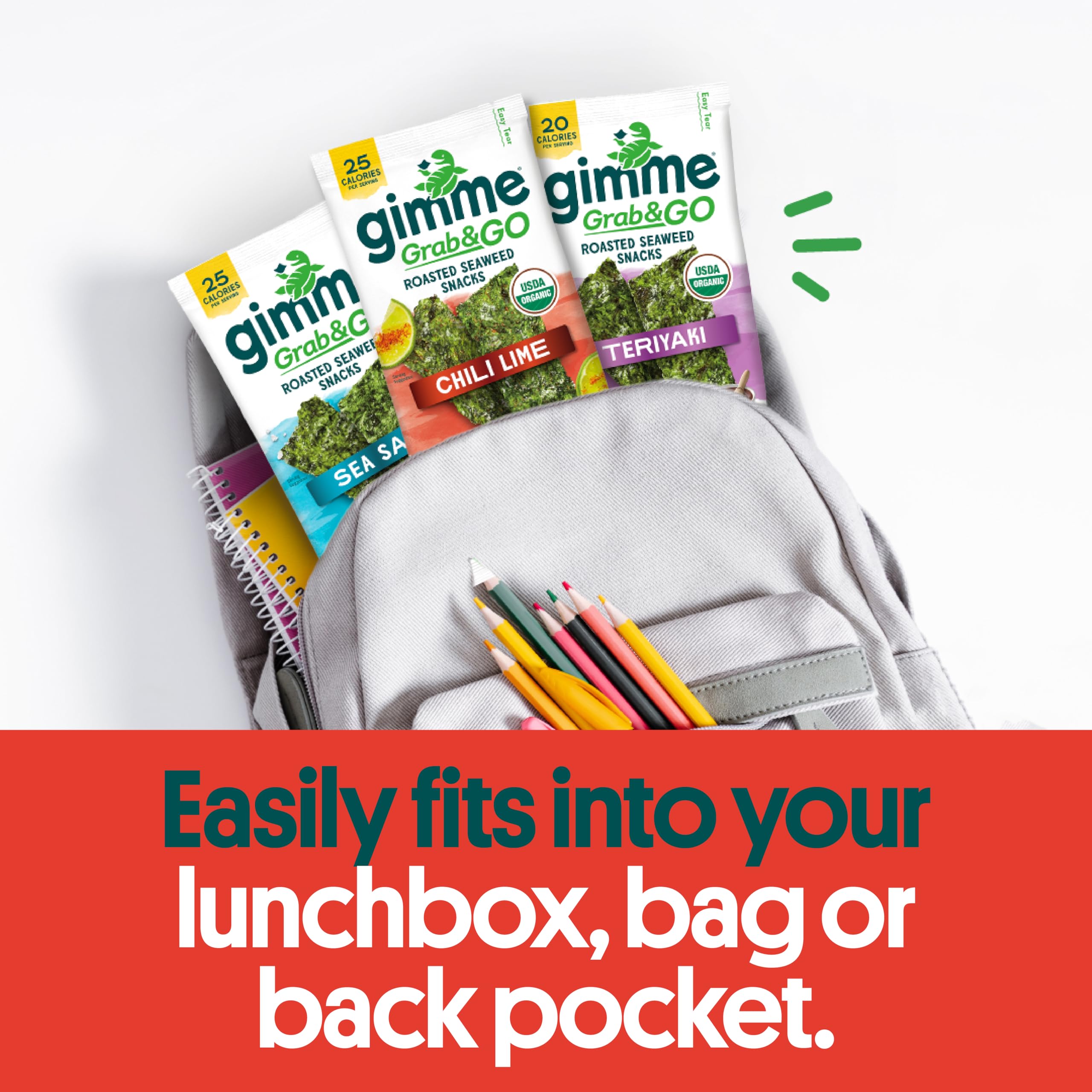 GimMe Seaweed Chili Lime on-the-go snack stored in a bag.