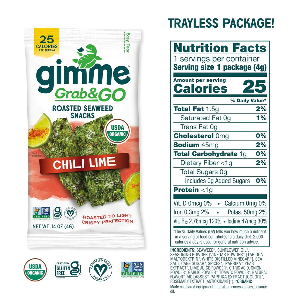 GimMe Seaweed Chili Lime close-up showing roasted sheets and bold seasoning.