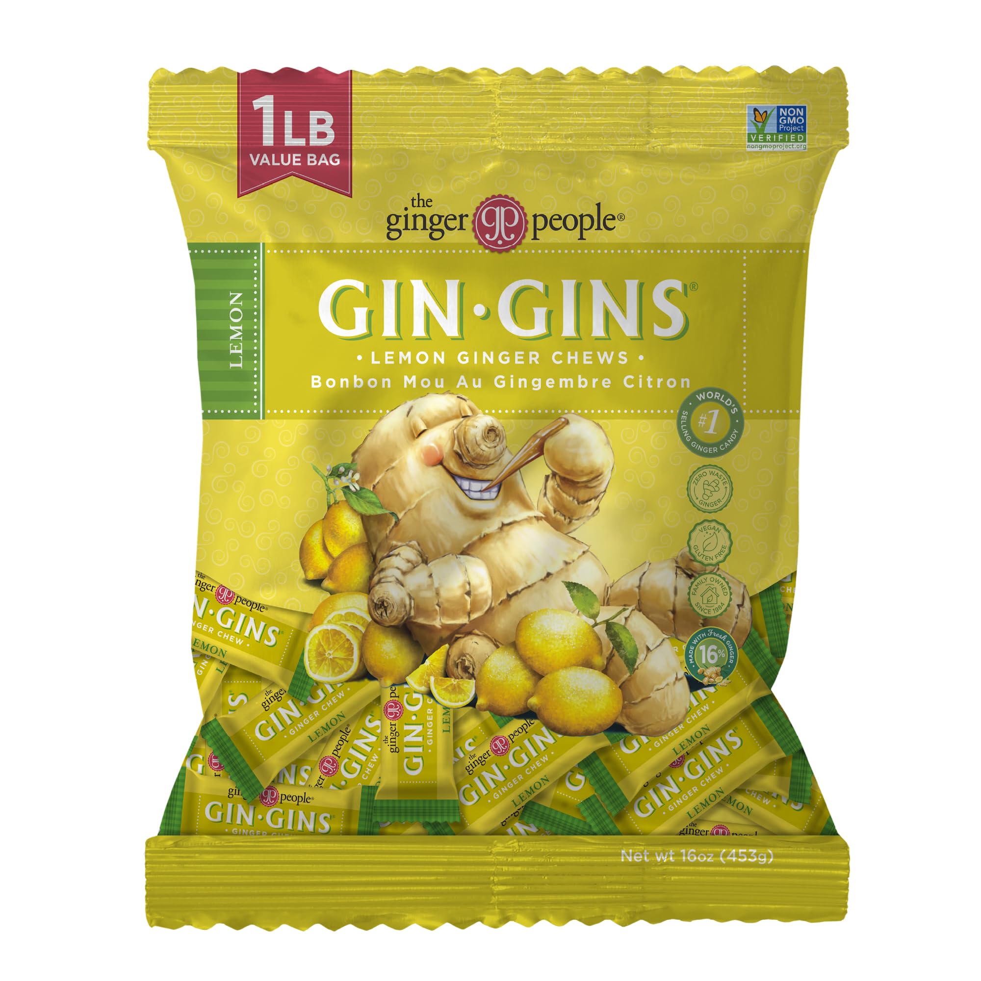 GIN GINS Lemon Ginger Chews bag front with bright lemon zest—great on-the-go refreshment.