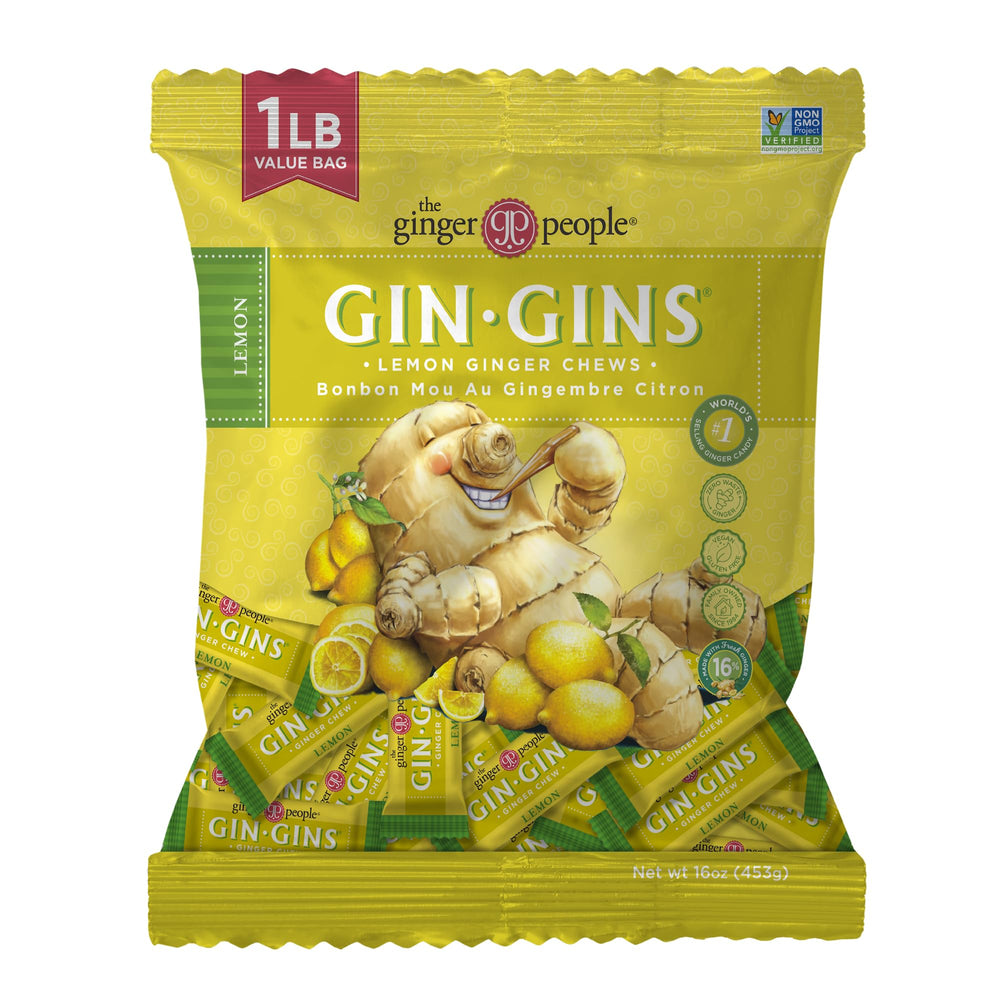 GIN GINS Lemon Ginger Chews bag front with bright lemon zest—great on-the-go refreshment.