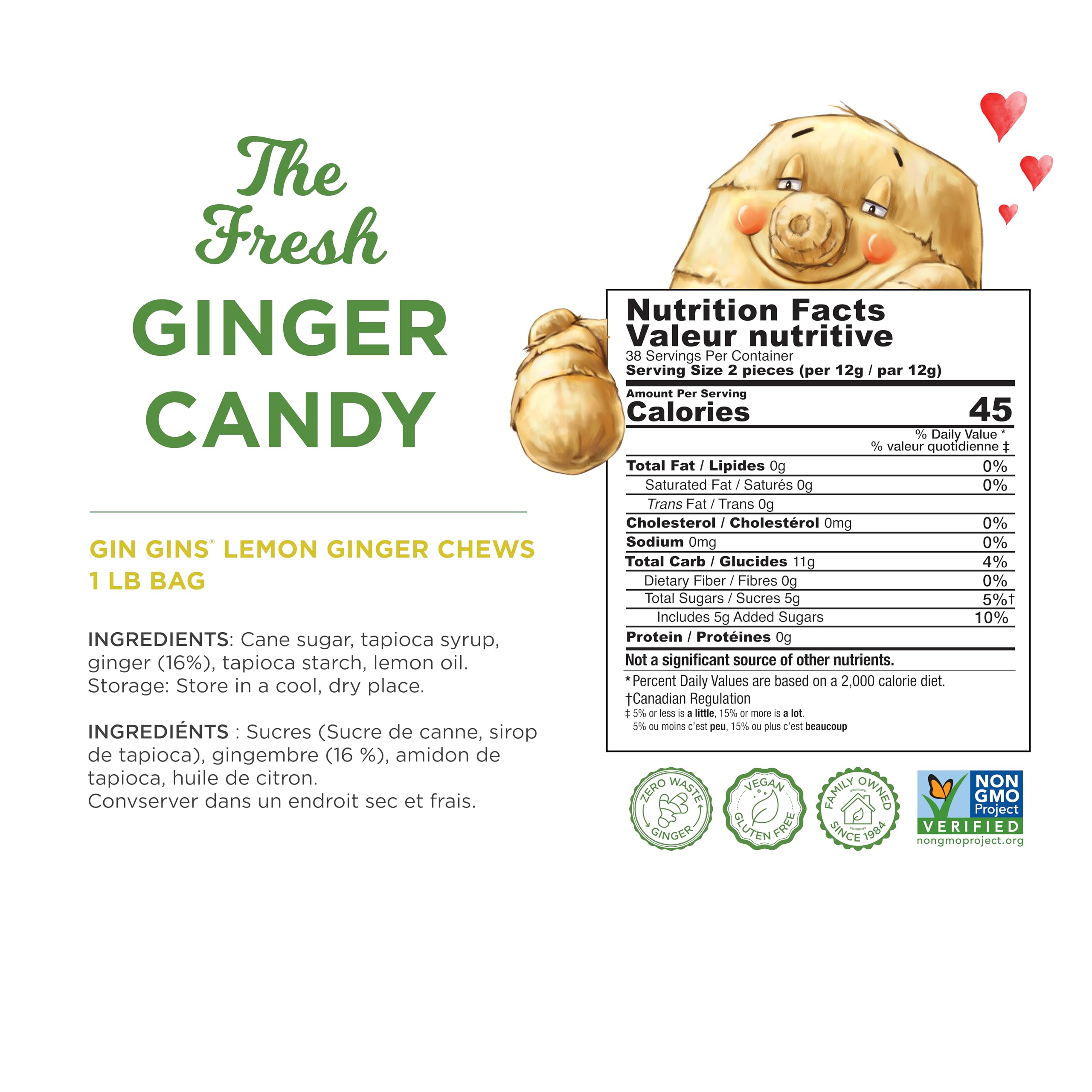 GIN GINS Lemon Ginger Chews bag side showing ingredients and 16% fresh ginger content.