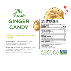 GIN GINS Lemon Ginger Chews bag side showing ingredients and 16% fresh ginger content.