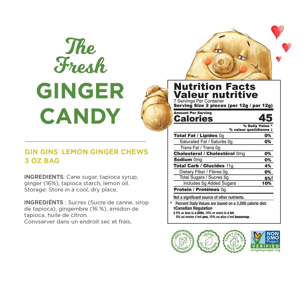The Ginger People GIN GINS lemon-ginger chews close-up, bright zest and ginger texture.