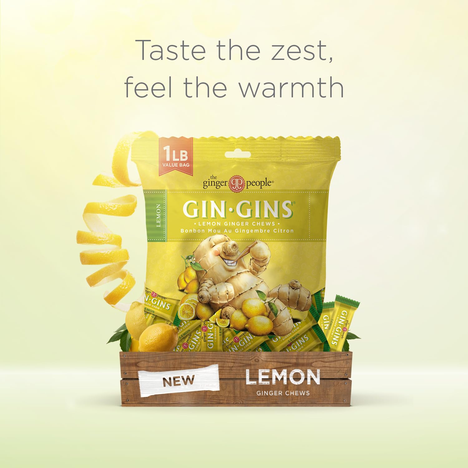 GIN GINS Lemon Ginger Chews individually wrapped for convenient pantry or desk snacking.