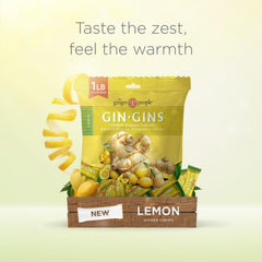 GIN GINS Lemon Ginger Chews individually wrapped for convenient pantry or desk snacking.