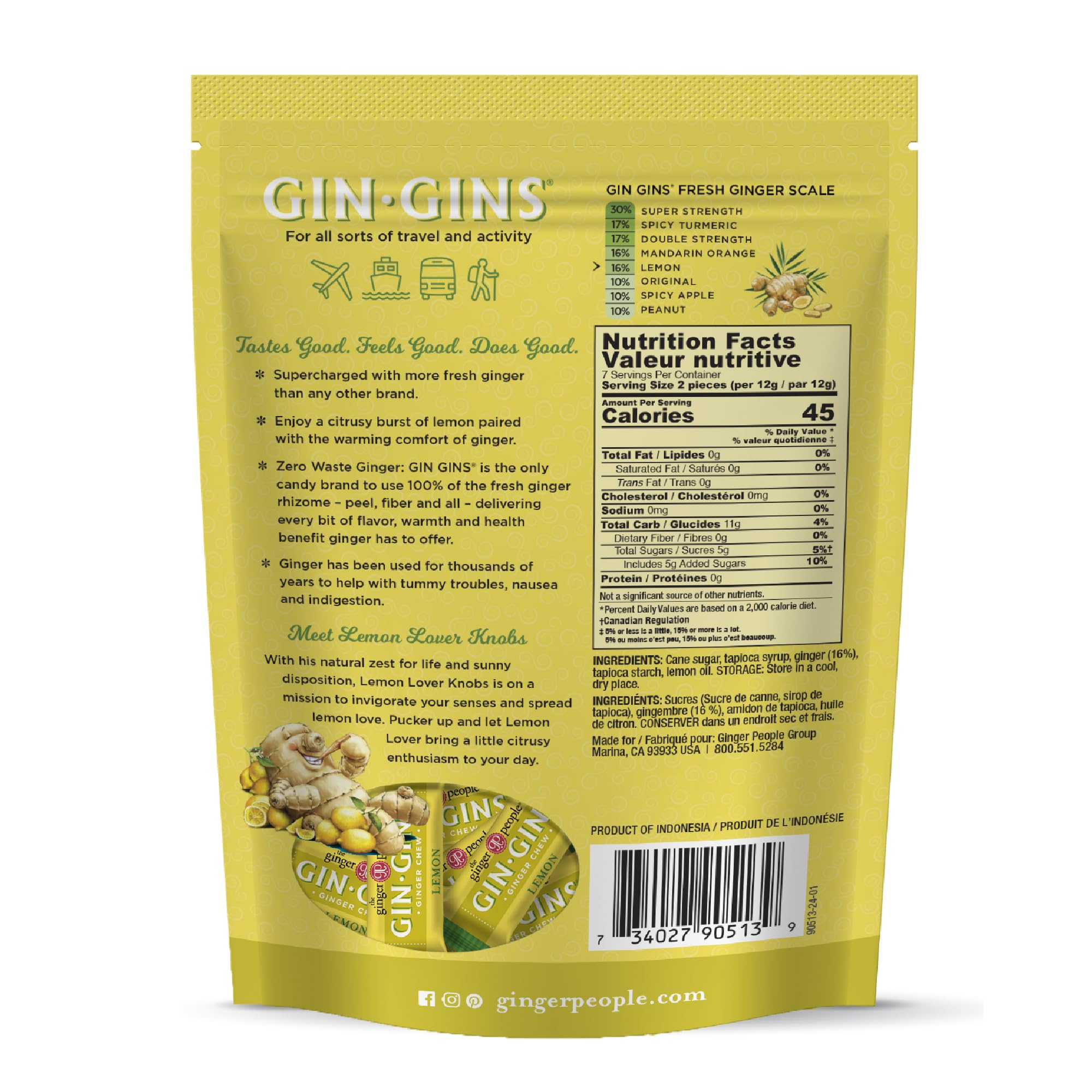 The Ginger People GIN GINS lemon chews, open pack, ready to ease occasional nausea while traveling.