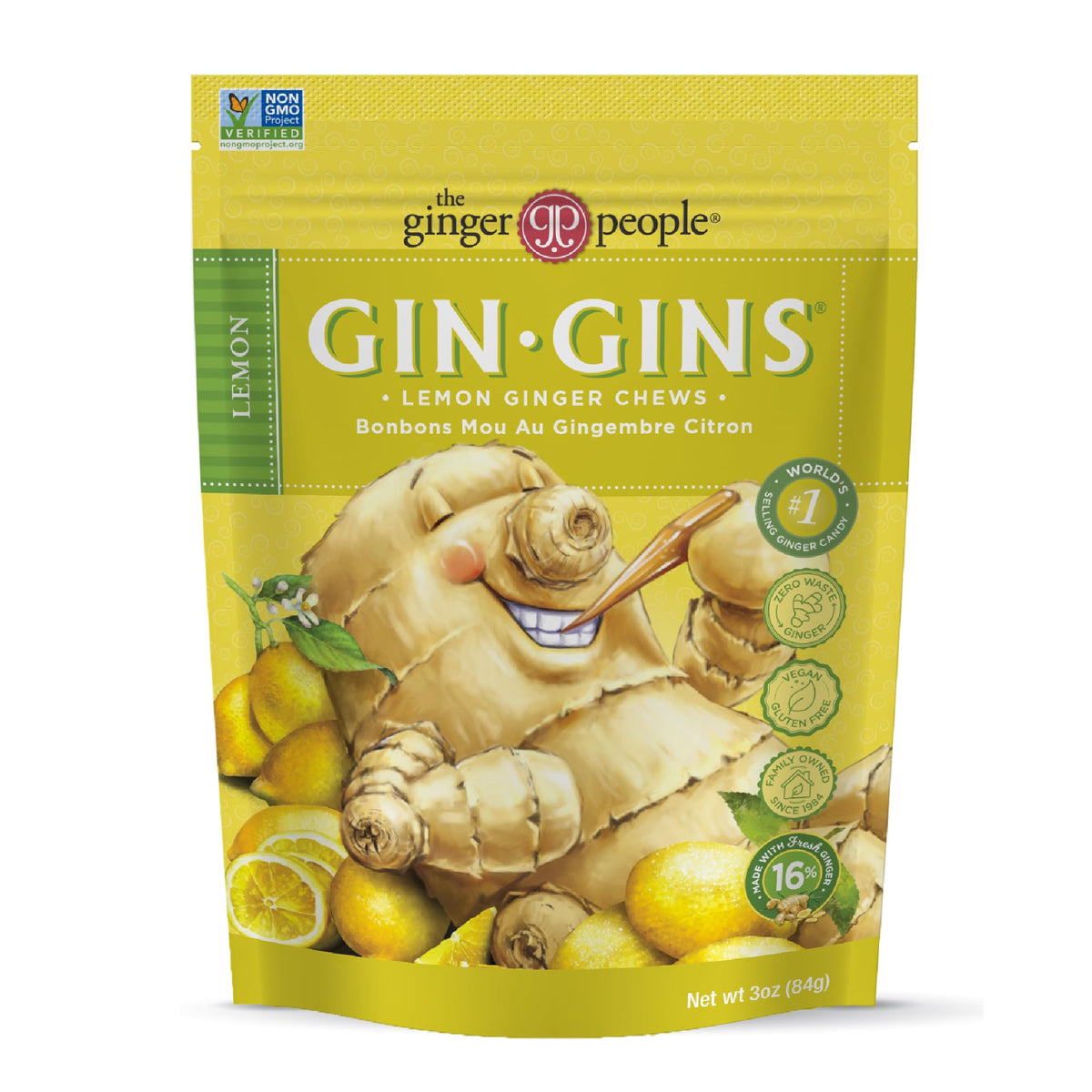 The Ginger People GIN GINS lemon ginger chews packaging on shelf, ideal for on-the-go snacking.