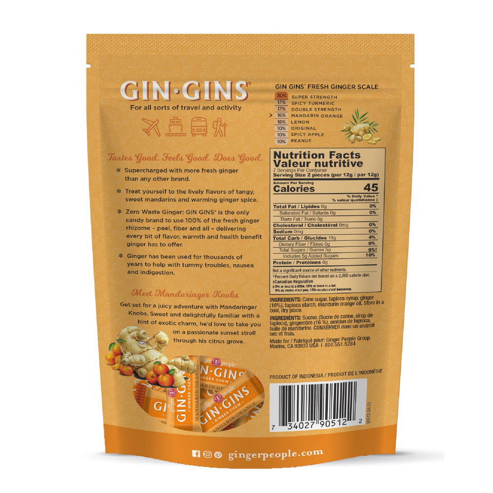 Close-up of Gin Gins Mandarin Orange Chews showing fresh ginger and citrus flavor.