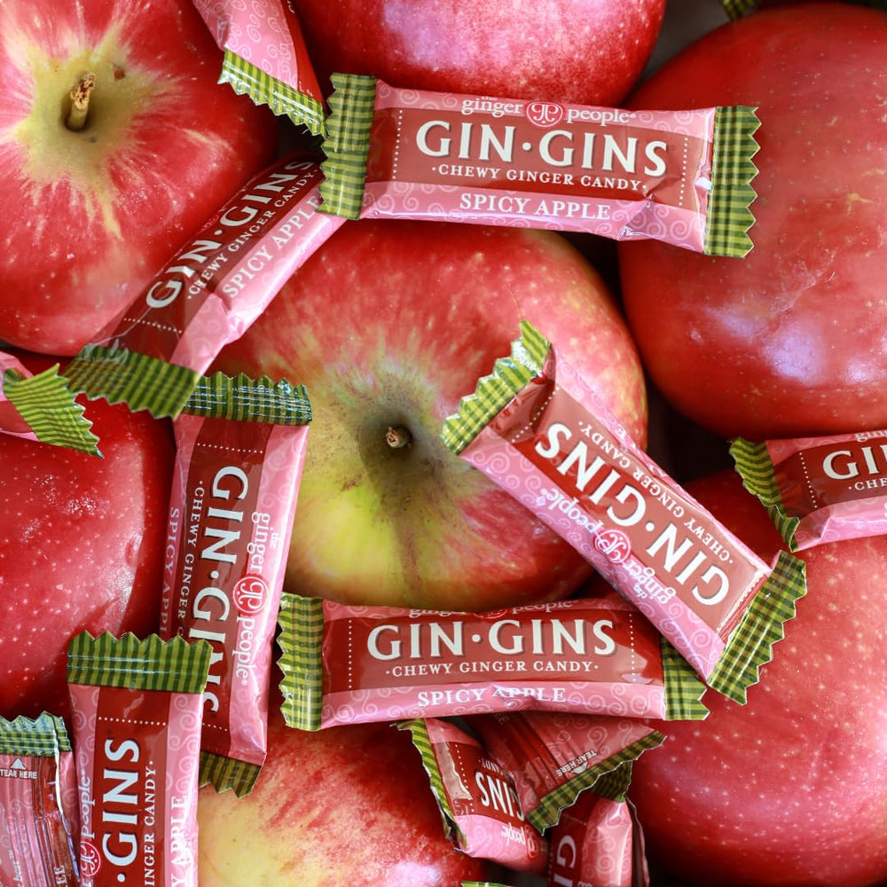 Gin Gins spicy apple ginger chews, individually wrapped for convenient snacking