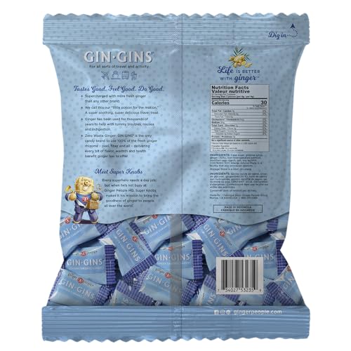 GIN GINS Super Strength bag back label highlights non-GMO, vegan, gluten-free ingredients.
