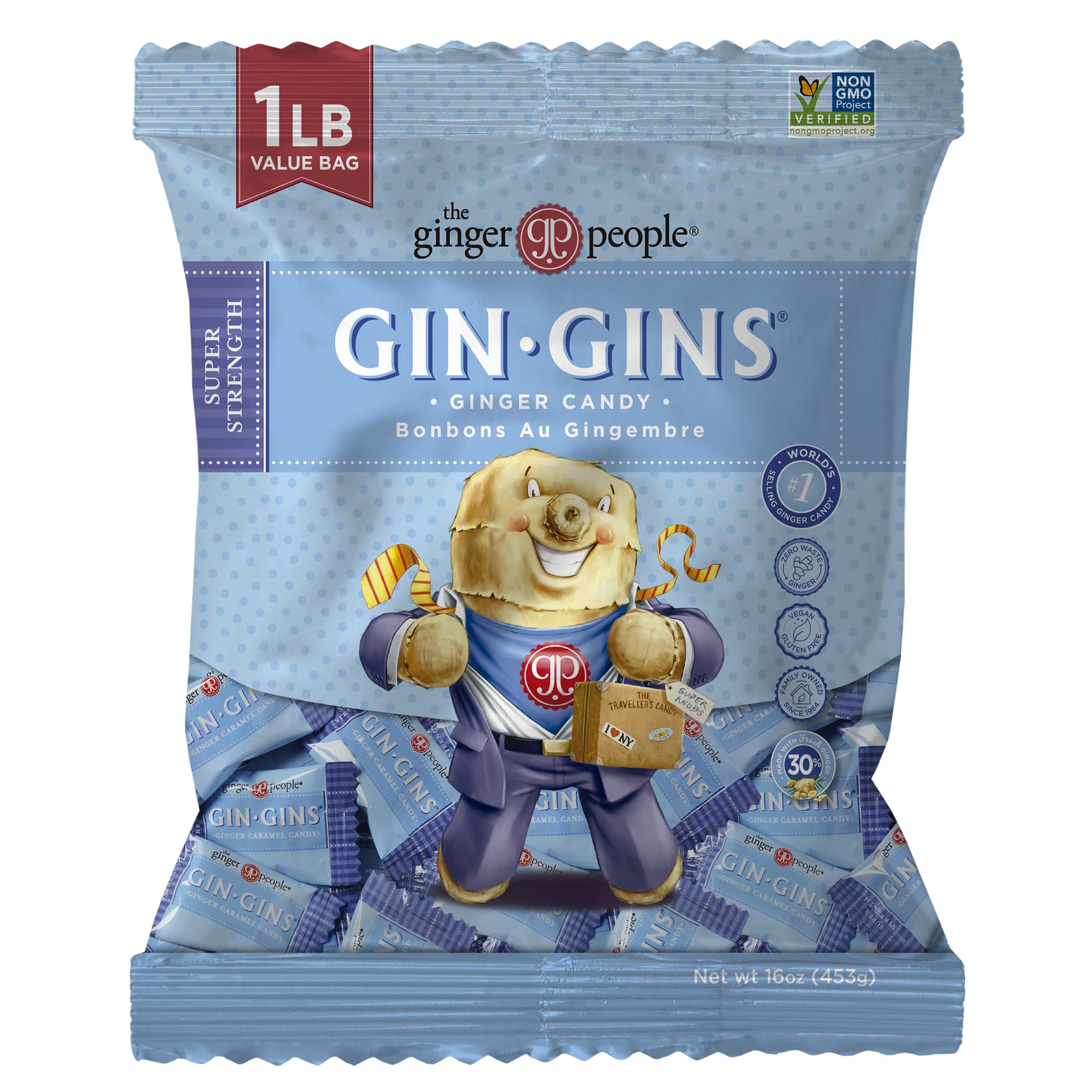 GIN GINS Super Strength bag front shows bold ginger flavor for on-the-go snacking.