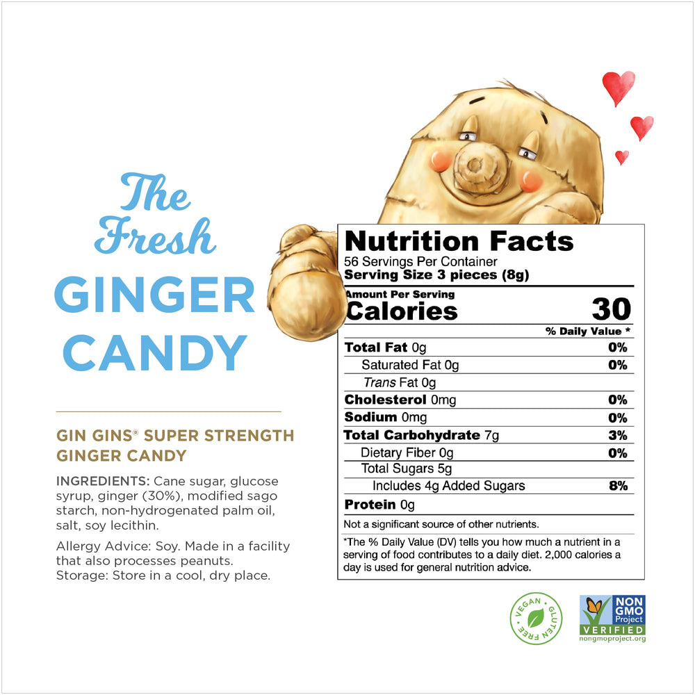 GIN GINS Super Strength candies close-up reveals the spicy-sweet bite.