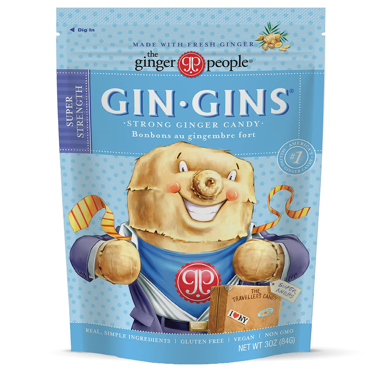 Gin Gins Super Strength ginger chews in a 3oz bag for on-the-go zing.