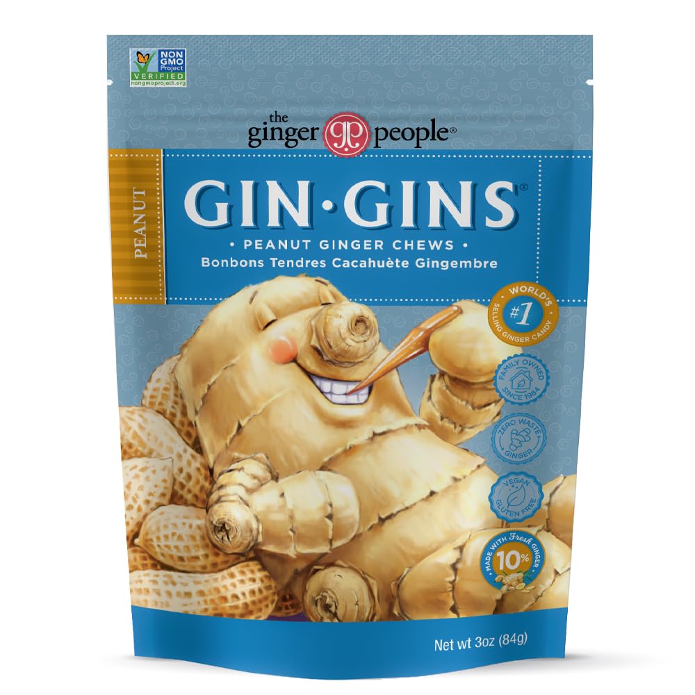 The Ginger People Gin Gins Peanut Chews pack shown, portable snack with bold ginger flavor.