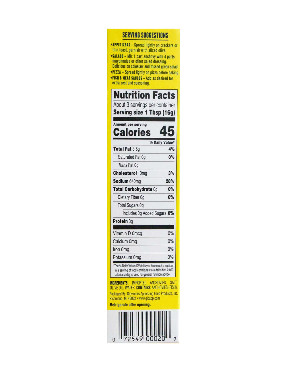 Label highlights non-GMO and gluten-free attributes of Giovanni's paste