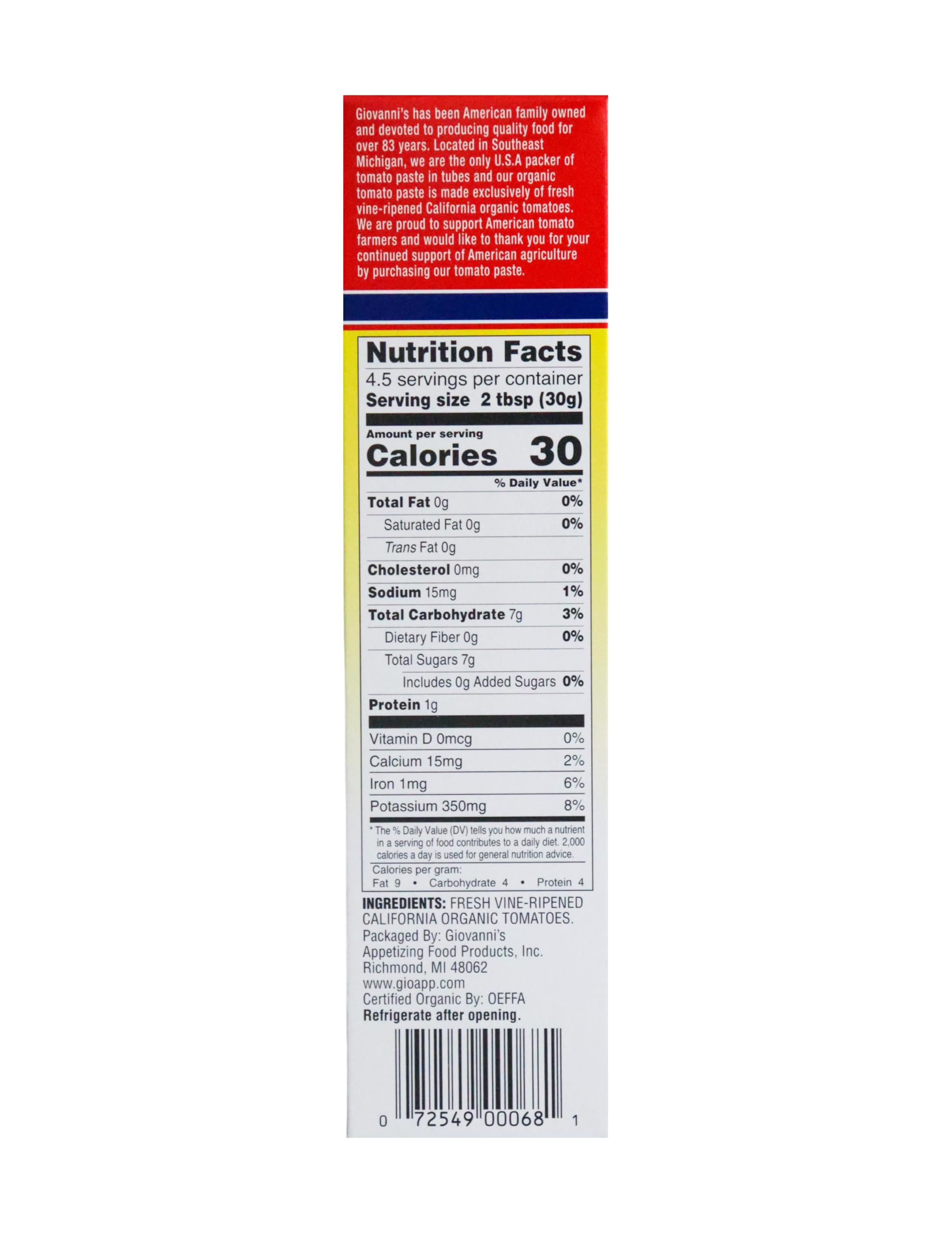 Giovanni's Organics double-concentrated tomato paste adds rich flavor to pasta sauces.