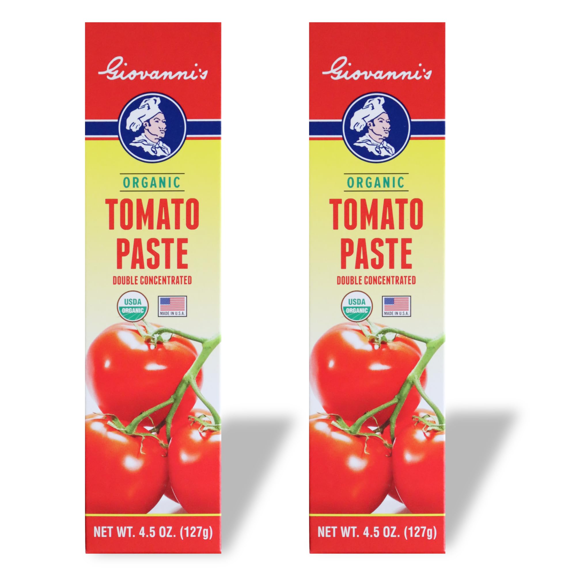 Giovanni's Organics USA tomato paste tube in 2-pack enhances weeknight sauces.