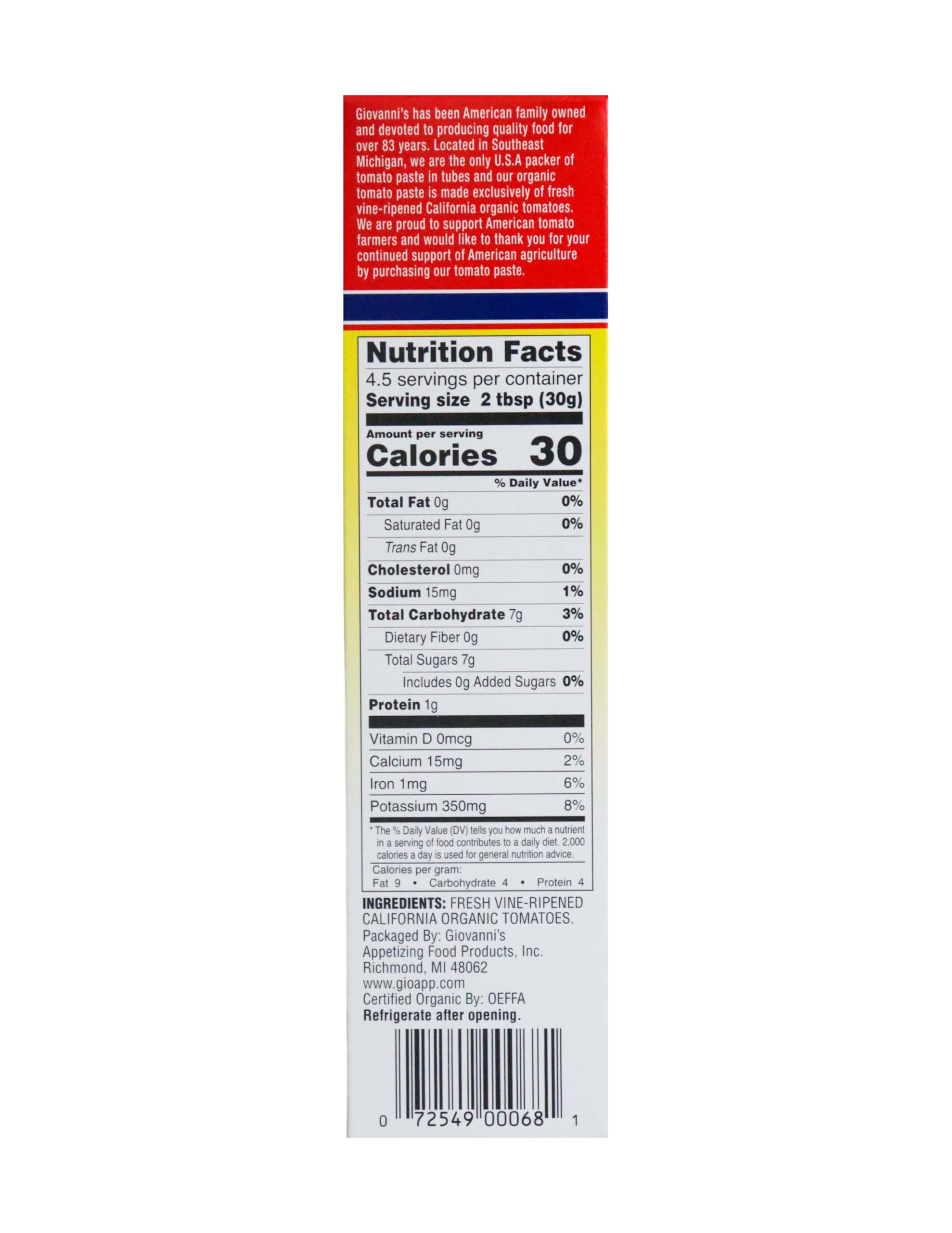 Giovanni's Organics USA tube pour shot for soups and pasta sauces