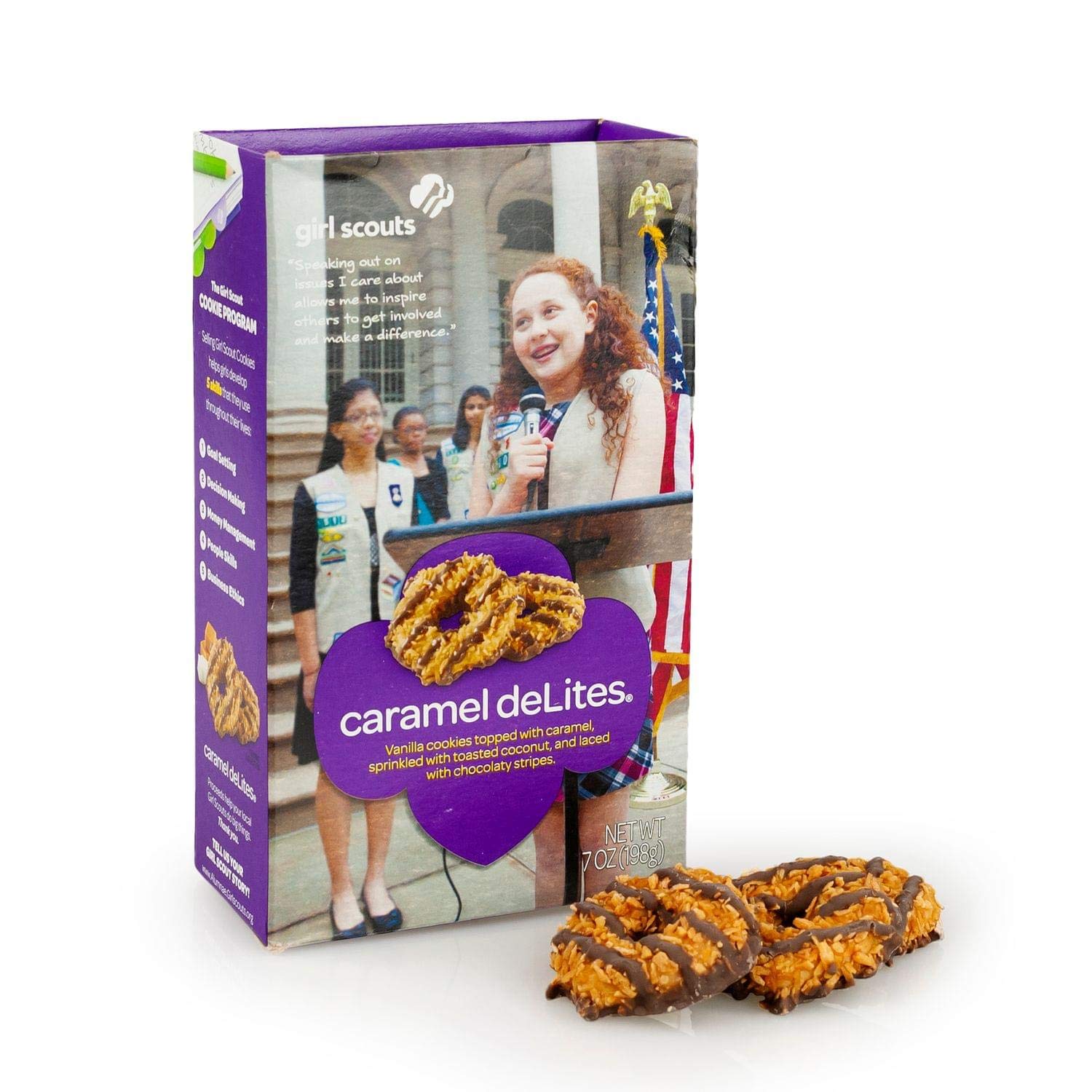 Girl Scout Caramel DeLites box front — inviting vanilla cookies with caramel and coconut topping for sharing.
